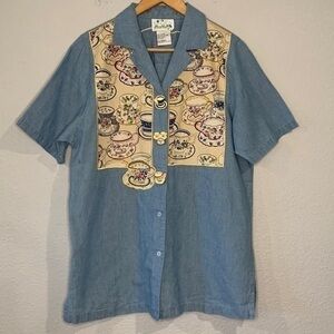 Vintage Quacker Factory tea cup cotton chambray denim novelty shirt S